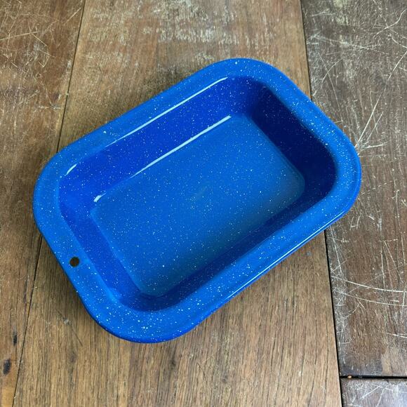 Vintage Blue White Speckled Enamel Graniteware 4 x 7 Inch Grill Serving Pan - Picture 1 of 2